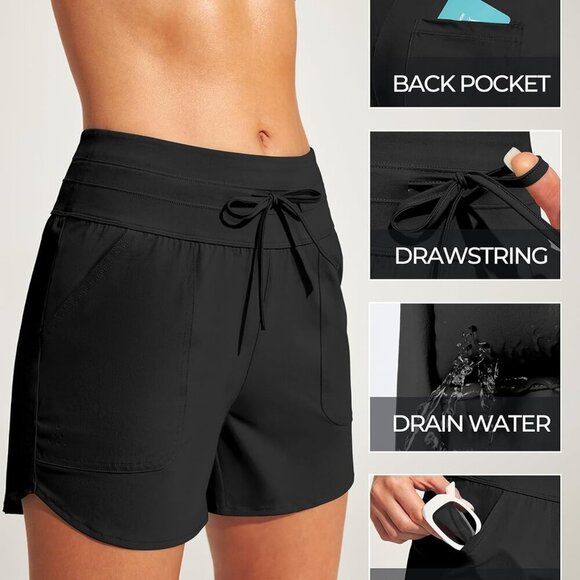 Women's 5" Stretchy High Waist Swim Shorts in Black - Picture 3 of 5